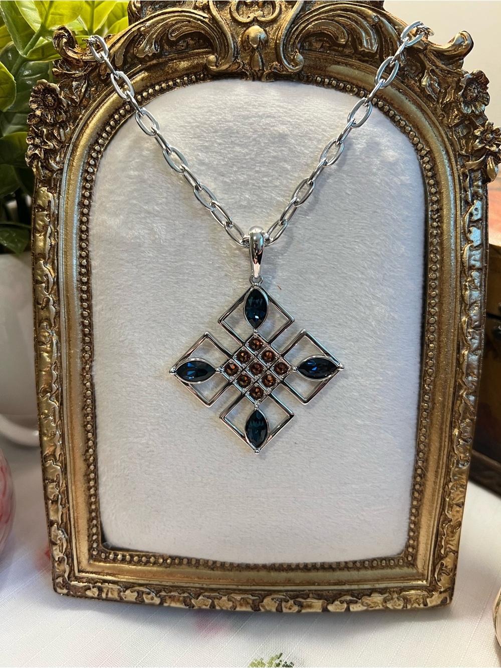 Touchstone Crystal Silver Pendant Necklace with Dark Blue and Amber Stones